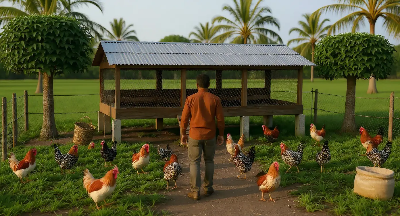 Farm worker walking among native chickens towards a raised wooden chicken house