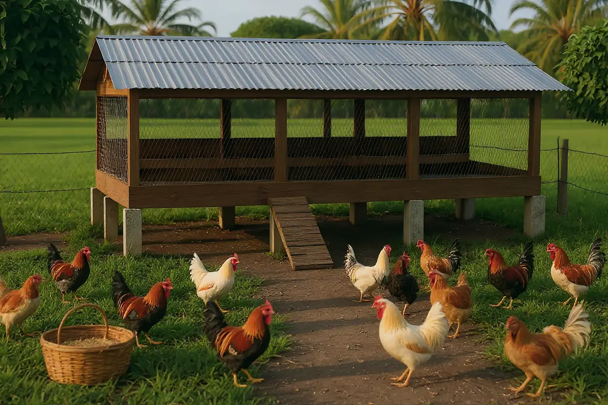 Native chickens pecking grain in the yard of a raised wooden chicken house