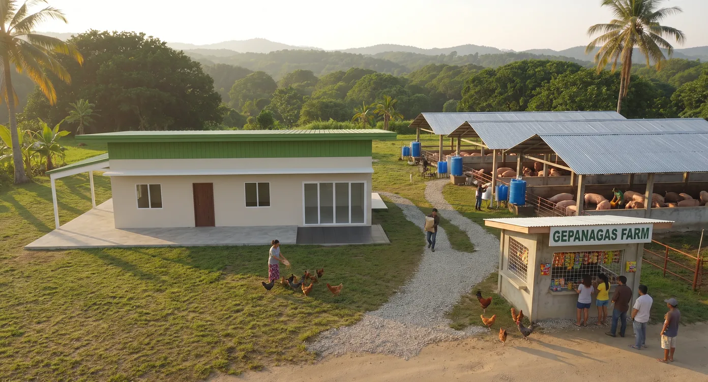 Farm worker carrying a feed bag past free-range native chickens, with pigs in the open pig house and the farmhouse behind