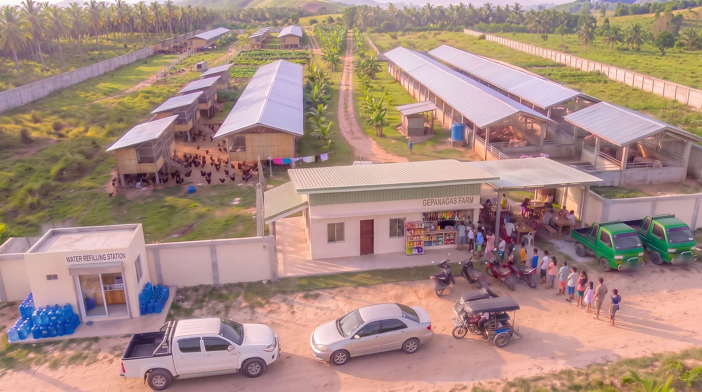 Gepanagas Farm: balay nga usa ka andana, tulo ka kural sa baboy nga gipakaon sa mga trabahante, babaye nga nagpakaon sa manok bisaya, ug mga tawo nga nagpila sa sari-sari store