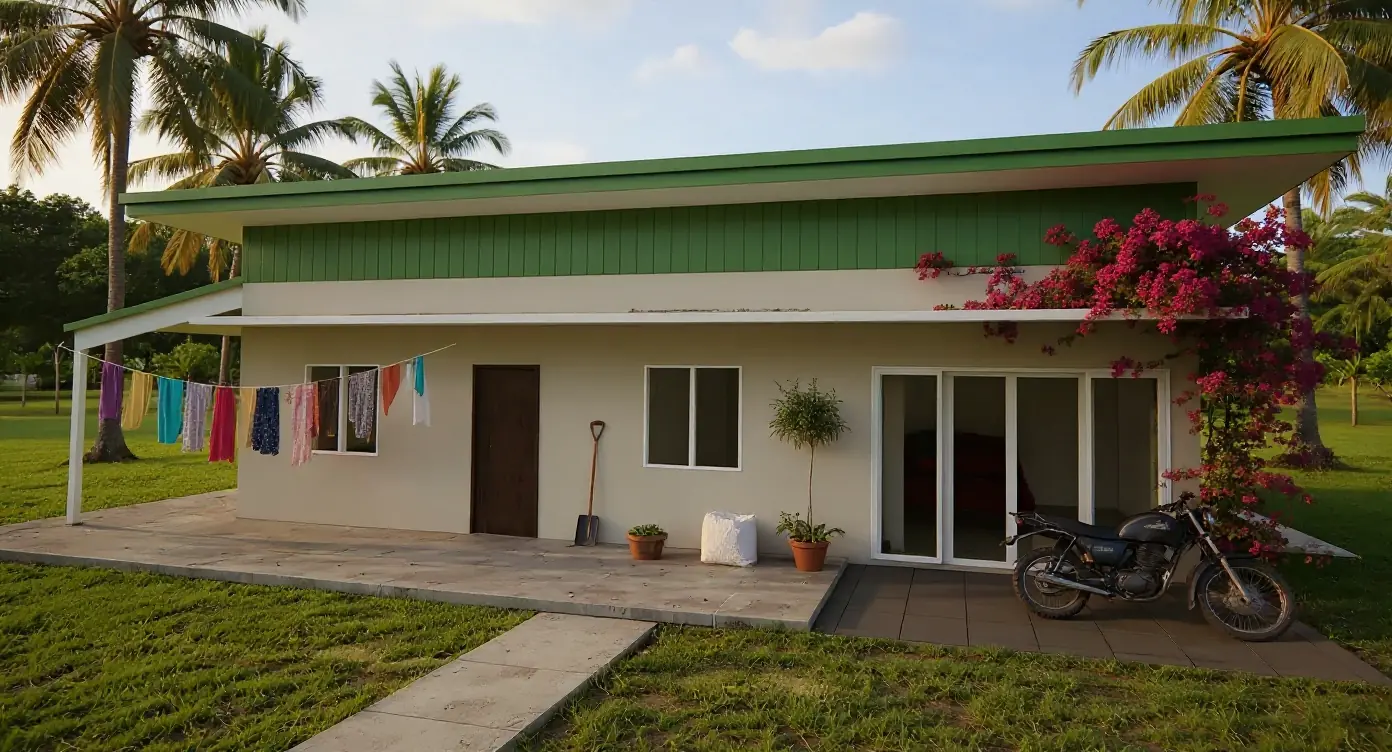 One-storey farmhouse with laundry on the line, bougainvillea and a motorbike on the patio
