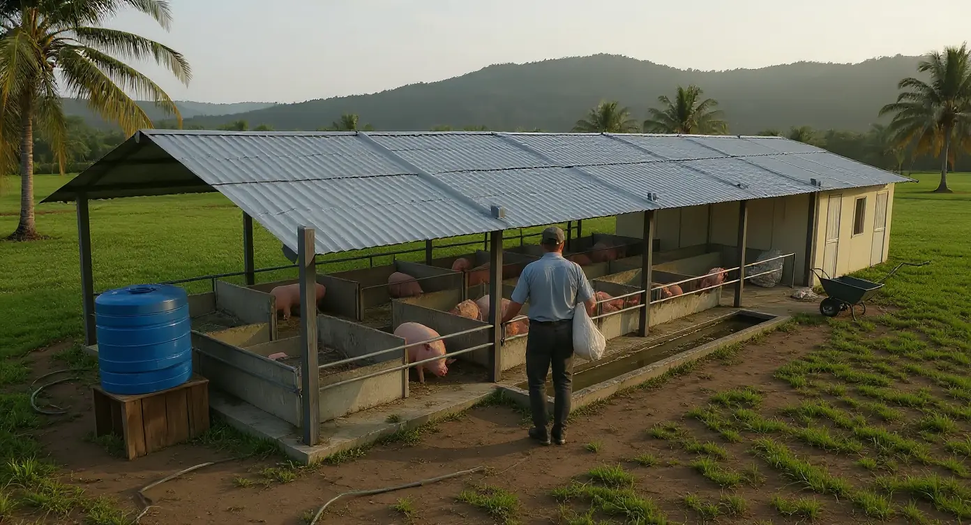 Farm worker carrying a feed sack past pens of pink pigs under a tin roof