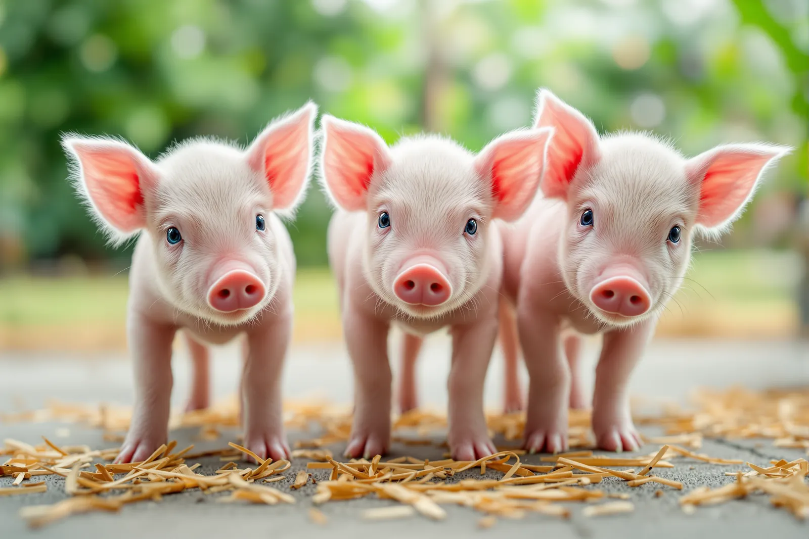 Three weaned piglets looking at the camera